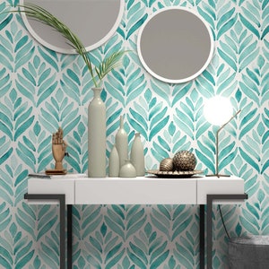 Turquoise Wallpaper Leaves Wall Mural Pattern Watercolor Peel and Stick