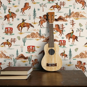Carta da parati da cowboy, rodeo, cavallo e cavaliere western, murale rustico staccabile e attaccabile