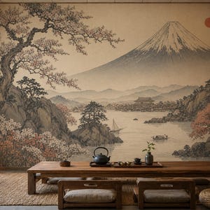May include: A large wall mural featuring a landscape painting of Mount Fuji, a lake, a small boat, and cherry blossom trees in muted tones. A low wooden table with a black teapot and small cups sits in front of the mural on a woven rug.
