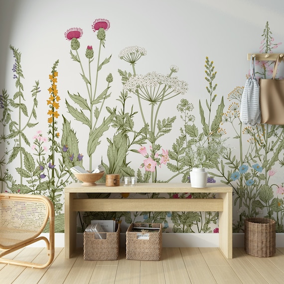 Wildflower Wallpaper: Vintage Herba Wall Mural, Green Peel and Stick
