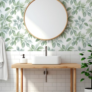 Sage Green Leaf Wallpaper Peel and Stick Watercolor Botanical Wall Mural Minimalist Scandinavian Foliage Calming Accent Wall