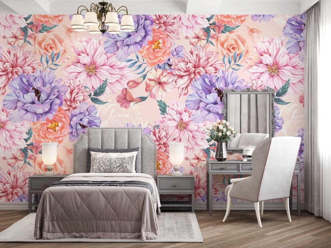 Peonies Wallpaper Purple Peony Wall Mural Pink Background Peel and ...