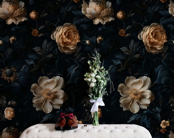 Papier peint floral foncé : aspect doré et décoration botanique bleu marine