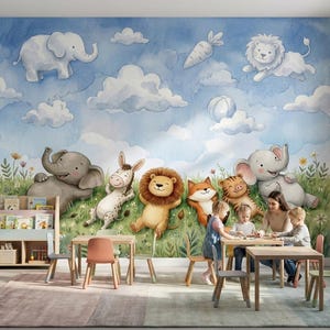 May include: A wall mural featuring a watercolor illustration of cartoon animals including an elephant, donkey, lion, fox, and tiger resting in a green grassy field under a blue sky with white clouds, a floating carrot, and a ball.