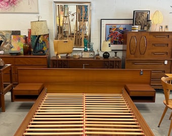 Teak Mid Century Modern Platform Queen Size Bed with Storage