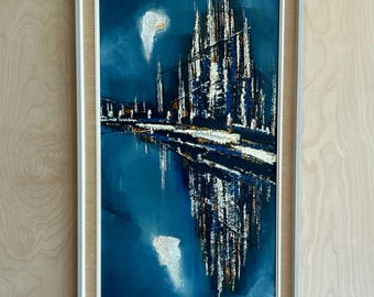 Mid Century Modern Vintage Abstract Cityscape Oil Painting Signed Walter