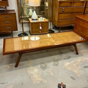 T.H. Robsjohn - Gibbings for Widdicomb Cane Top Rectangular Coffee Table Vintage
