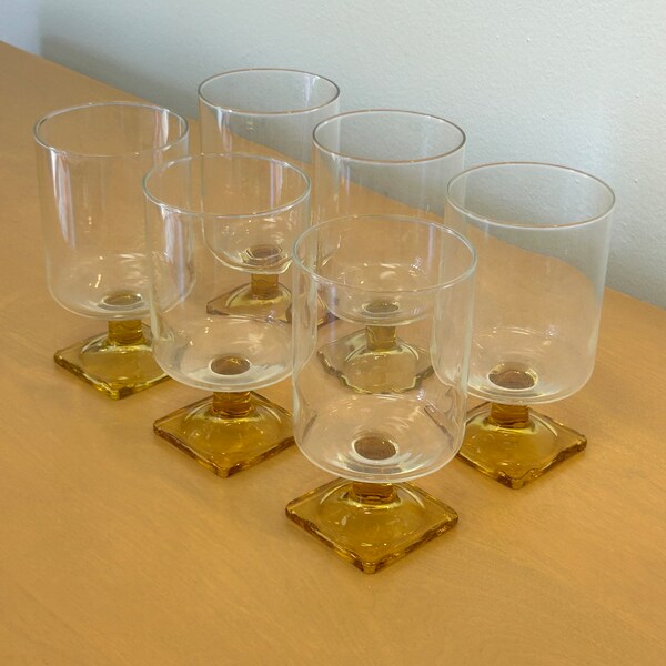 Vintage Federal Glass Nordic Topaz Drinking Glasses Set 6 Square Base - Mid Century Glassware