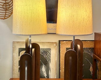 Pair of Mid Century Modern Walnut & Chrome Table Lamps