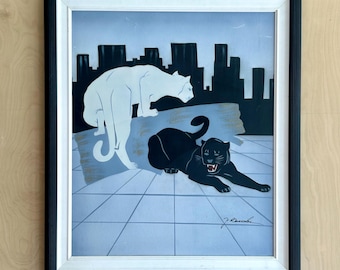 Signed Black & White Panther Cat Rooftop Cityscape Framed Art