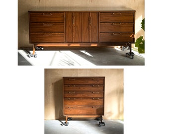 Vintage Mid Century Modern Lenoir House Style Bedroom Set Lowboy Dresser Highboy Dresser - MCM