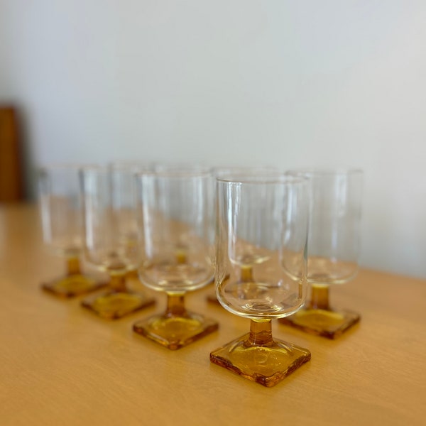 Vintage Federal Glass Nordic Topaz Drinking Glasses Set 8 Square Base - Mid Century Glassware