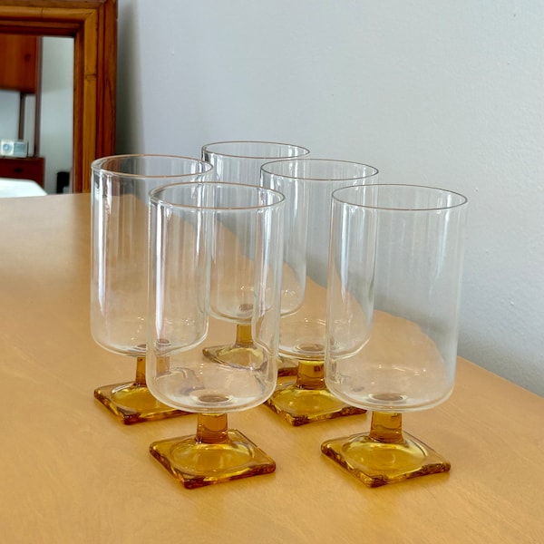 Vintage Federal Glass Nordic Topaz Drinking Glasses Set 5 Square Base - Mid Century Glassware