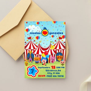 Op de afbeelding: Een kleurrijke uitnodiging voor een 7e verjaardagsfeest met een circus thema. De uitnodiging heeft een rood-wit gestreept tent, een blauw en geel hartlogo en een cartoonfiguur met een rode neus en een blauwe hoed. De tekst op de uitnodiging luidt "nicolas gonzalez" en "September 15 5:00 PM 123 Adress, Rd City. St 456 RSVP: (123) 456 78910".
