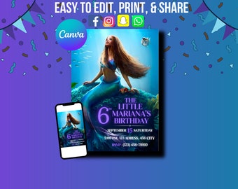 Little Mermaid Birthday Invitation, Party Invitation, Digital Invitation, Printable Invitation, Editable Invitation, Birthday Invitation