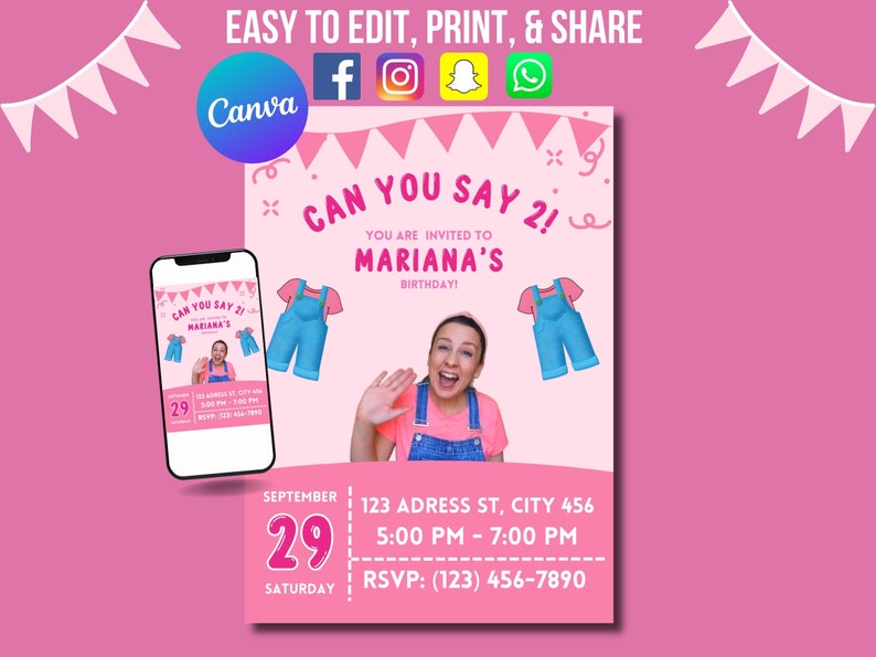 May include: Pink birthday invitation with the text "Can You Say 2!" and "Mariana's Birthday!" Includes a photo of a woman waving, overalls, and a pink shirt. The date is September 29.