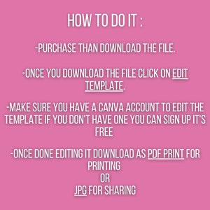 May include: Pink background with white text detailing instructions on how to use a template. The text includes steps like purchasing, downloading, editing in Canva, and downloading as PDF or JPG.