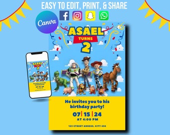 Toy Story-uitnodiging, zelfbewerkingsuitnodiging, kinderuitnodiging, verjaardagsuitnodiging, verjaardagsfeestje, digitale uitnodiging, afdrukbare uitnodiging