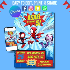 Spidey And His Amazing Friends Birthday Invitation,Spidey And His Amazing Friends Invitation,Self-Edited Invitation,Kids Birthday Invitation