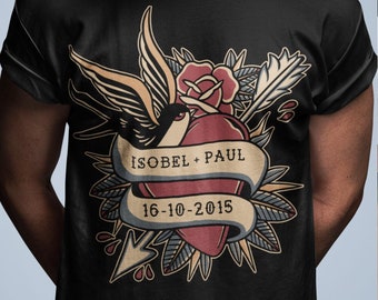 Personalised, Unisex T-Shirt or Hoodie, Old School Tattoo Design, Heart & Roses, Add Your Own Names / Text, Boy/Girlfriend, Couple, Event