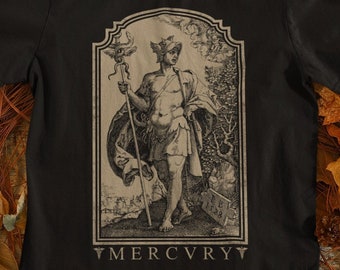 Mercurio, dios romano de los mensajes, los viajeros, el comercio y los negocios. Ilustración vintage. Camiseta unisex. Dorado, gris plateado o rosa.