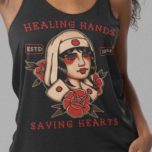 Healing Hands, Saving Hearts, Old School Tattoo, Nurse, Nursing Design Unisex T-Shirt, Unisex Hoodie, Racerback Tank Top