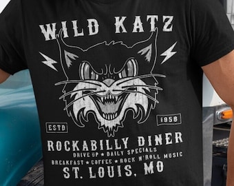 Wild Katz, Rockabilly Diner, década de 1950, Vintage Rock n Roll Cafe, camiseta unisex, sudadera con capucha unisex, camiseta sin mangas con espalda cruzada para mujer