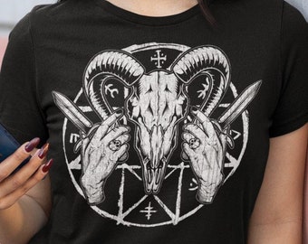 Camiseta de calavera de carnero, diseño gótico satánico y ocultista