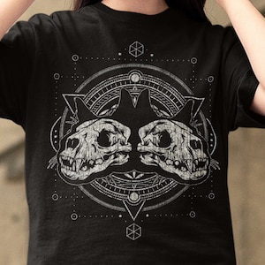 Occult, Sacred Geometry, Mystical Cat Skulls, Esoteric Design, Unisex T-Shirt, Unisex Hoodie, Womens Racerback Tank Top