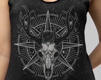 May include: Black tank top with a white graphic of a deer skull with antlers inside a circular design.
