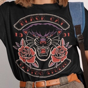 Black Cat Tattoo Studio, Panther & Roses Old School Tattoo, Unisex T-Shirt, Women's Fit T-Shirt, Unisex Hoodie, Women's Racerback Tank Top