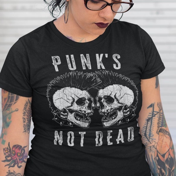 Punk's Not Dead! Mohawk Skulls, Punk Rock Design, Unisex T-Shirt, Women's Fit T-Shirt, Unisex Hoodie, Women's Racerback Tank Top