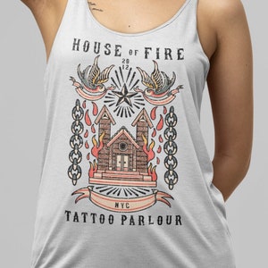 House of Fire, Old School, Traditional Tattoo Parlour Design Unisex T-Shirt, Unisex Hoodie, Women's Racerback Tank Top