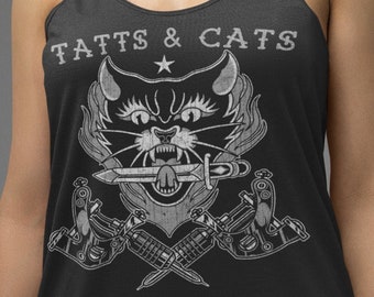 Tatts & Cats, Neo Traditional, Old School, Cat Lovers, Tattoo Machine, Unisex T-Shirt, Women&#39;s Fit TShirt, Unisex Hoodie, Racerback Tank Top