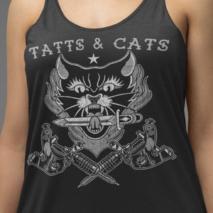 Tatts & Cats, Neo Traditional, Old School, Cat Lovers, Tattoo Machine, Unisex T-Shirt, Women&#39;s Fit TShirt, Unisex Hoodie, Racerback Tank Top