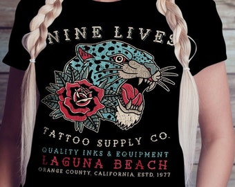 Nine Lives Tattoo Supply Co, Leopard, Panther Tattoo Old School, Unisex T-Shirt, Unisex Hoodie, Racerback Tank Top