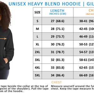 May include: Size chart for a unisex heavy blend hoodie. The chart shows the length and chest measurements in inches and centimeters for sizes S through 5XL.