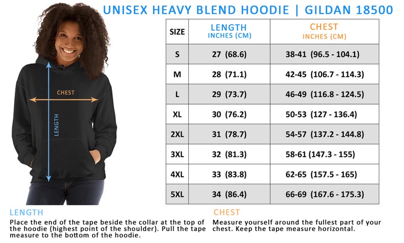 May include: Size chart for a unisex heavy blend hoodie. The chart shows the length and chest measurements in inches and centimeters for sizes S through 5XL.