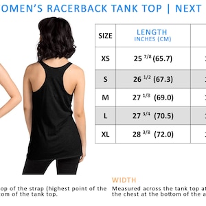 May include: Size chart for a racerback tank top. The chart shows the length and width of the tank top in inches and centimeters for sizes XS, S, M, L, and XL.