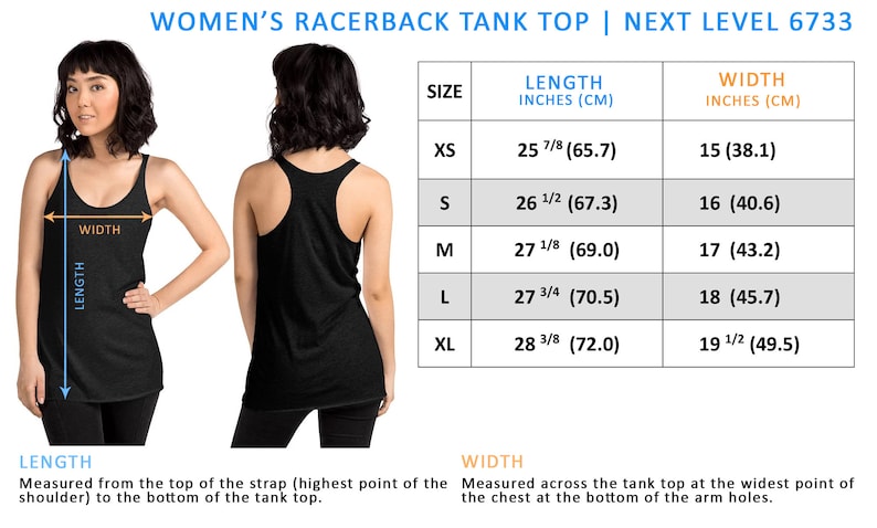 May include: Size chart for a racerback tank top. The chart shows the length and width of the tank top in inches and centimeters for sizes XS, S, M, L, and XL.