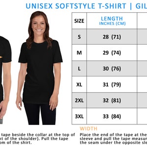 May include: Unisex softstyle t-shirt size chart with measurements in inches and centimeters. The chart shows the length and width of the shirt in different sizes, from S to 3XL.