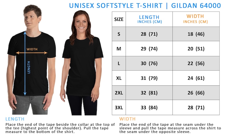 May include: Unisex softstyle t-shirt size chart with measurements in inches and centimeters. The chart shows the length and width of the shirt in different sizes, from S to 3XL.