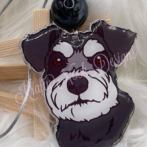 Schnauzer Rear View Mirror Dangle Charm or Keychain, different colours available, front and back shown, rear view dangle pictured.