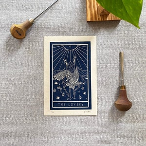 Original Tarot Card Linocut Print 6 The Lovers image 1