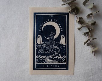 Original Tarot Card Linocut Print "18 - The Moon"