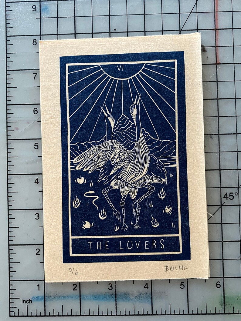 Original Tarot Card Linocut Print 6 The Lovers image 3