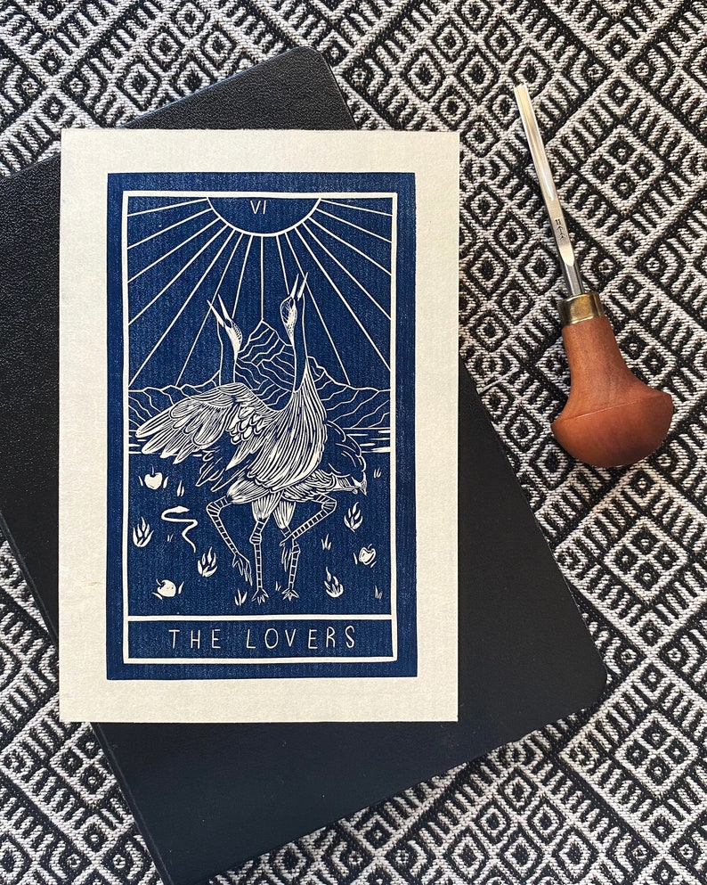 Original Tarot Card Linocut Print 6 The Lovers image 2