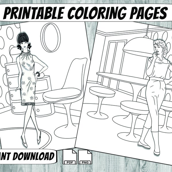 20 Page 1950's Retro Fashion Coloring Pages - Coloring Digital Printable Activity Pages For Adults and Teens