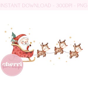 Natal Papai Noel e trenó PNG, clipart de Natal, cartão de Natal PNG de trenó de rena de Santa, download instantâneo, designs de sublimação
