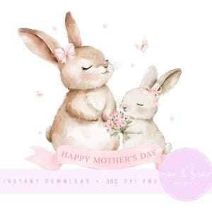 Mère et bébé lapin PNG, Clipart ours mignon, 1ère conception de carte de fête des mères, conception de coussin de chambre d'enfant, téléchargement numérique instantané